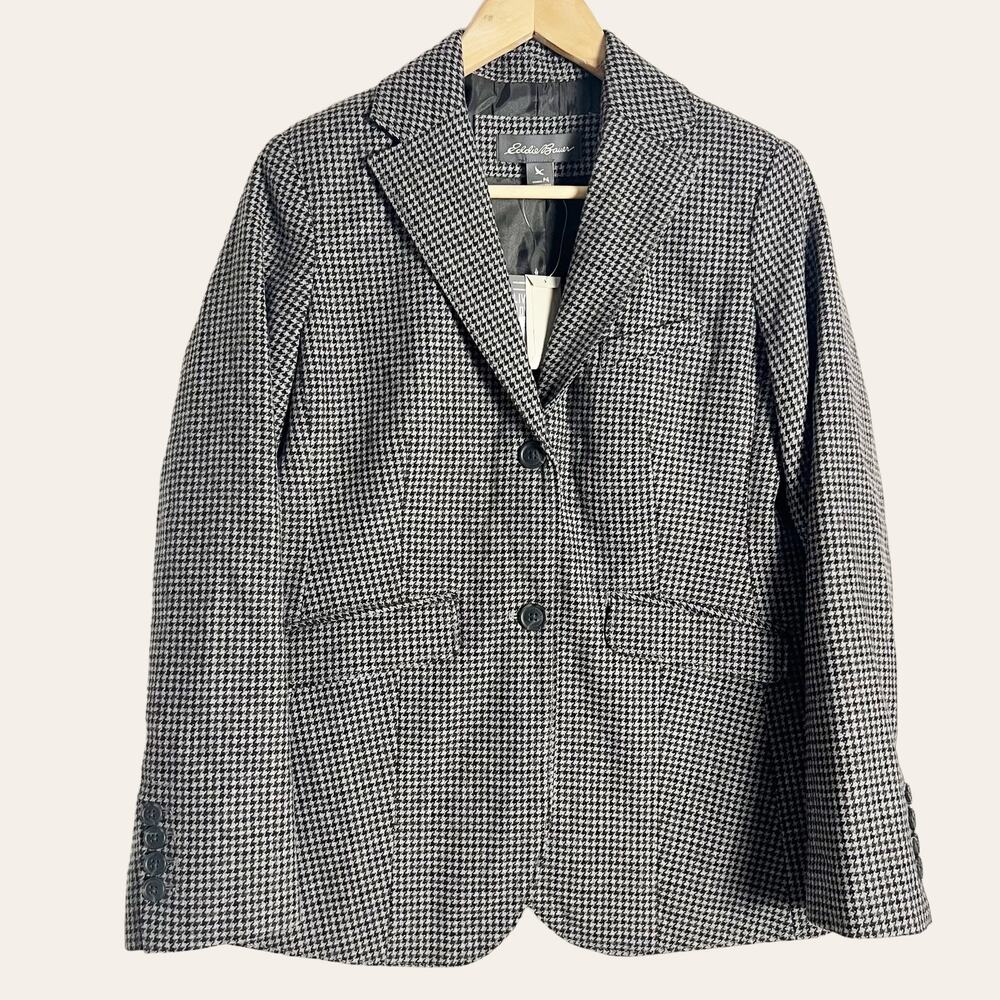 Eddie Bauer Black Brown Houndstooth Classic Wool Blazer Jacket Size 4P